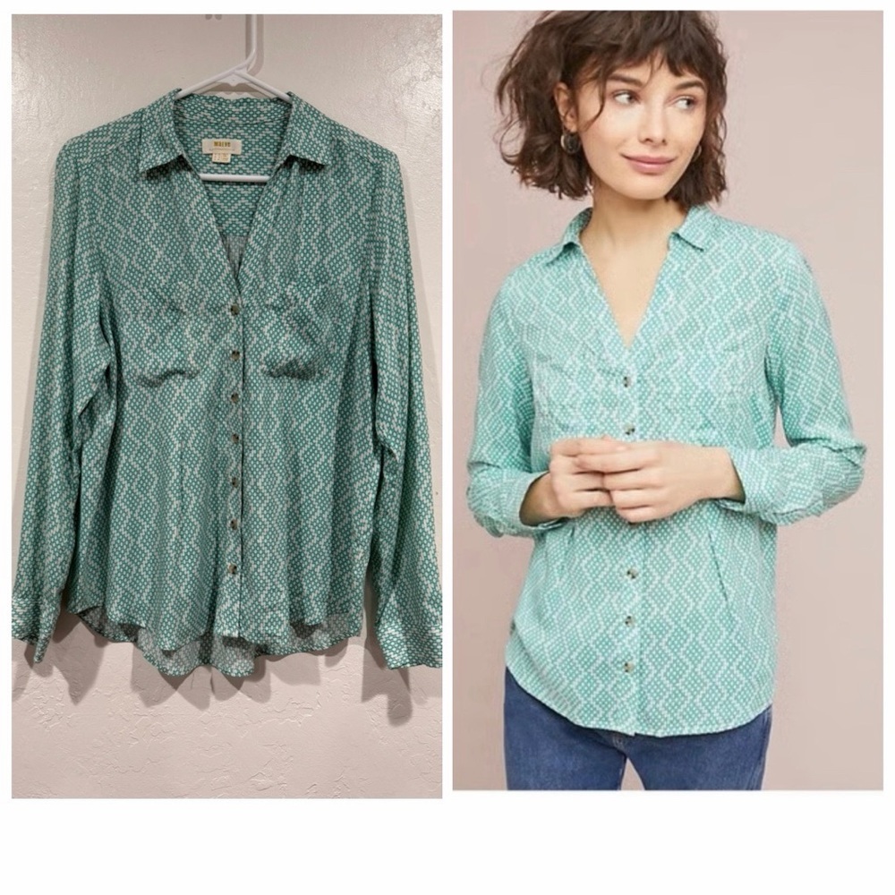 Maeve Anthropologie Rochelle Green Geo Print Long Sleeve Button-Up Shirt size 8
